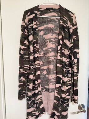 Camo Open Front long Cardigan in Tan & Olive